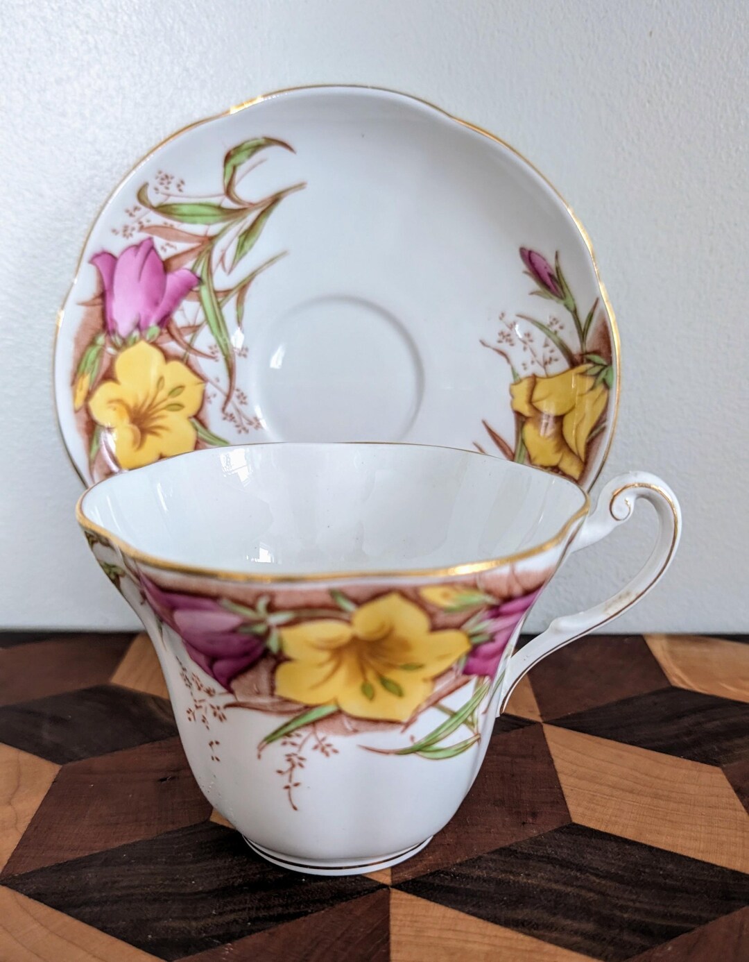 Vintage Bell Fine Bone China Pink and Yellow Blossom Teacup & Saucer ...