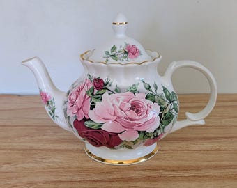 Arthur Wood & Son Staffordshire England Vintage Pink and Red Roses Bone China Teapot w/ Lid