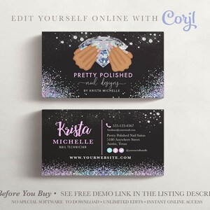 EDITIERBARE Visitenkarte, holografische Glitzer Diamant Nagel Visitenkarte, Diamant Hände, Nagel Salon, Nail Tech, printable, Vorlage, Corjl