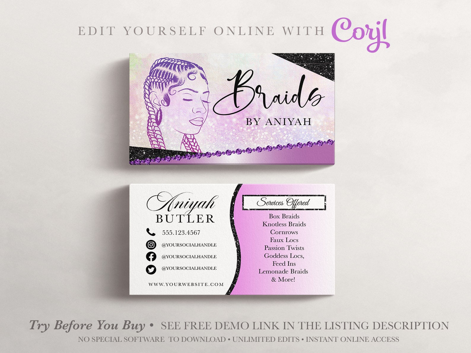 EDITABLE Business Card, Hair Braiding Business Card, Hair Stylist