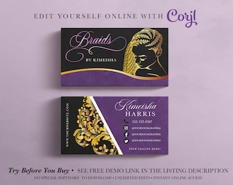 EDITABLE Business Card, Hair Braiding Business Card, Hair Stylist, Braid Shop, Beauty, Beauty Salon, Printable, Template, Corjl