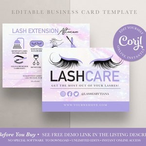 EDITABLE Lash Extension Aftercare Card, Eyelash Extensions, Eyelashes, Lash Care Card, Lash Instructions, Printable, Template, Corjl