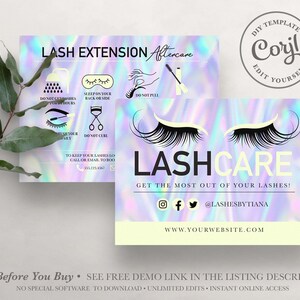 EDITABLE Lash Extension Aftercare Card, Eyelash Extensions, Eyelashes, Lash Care Card, Lash Instructions, Printable, Template, Corjl