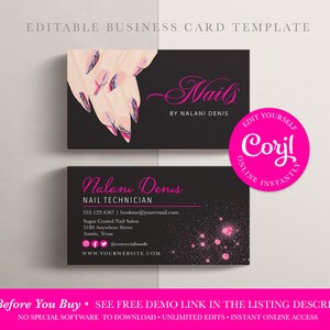EDITABLE Business Card, Nail Artist Business Card, Beauty Business, Nail Salon, Nail Tech, Printable, Template, Corjl