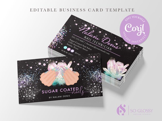 EDITABLE Business Card, Holographic Glitter Crystal Nail Business Card,  Crystal Hands, Nail Salon, Nail Tech, Printable, Template, Corjl - Etsy  Israel