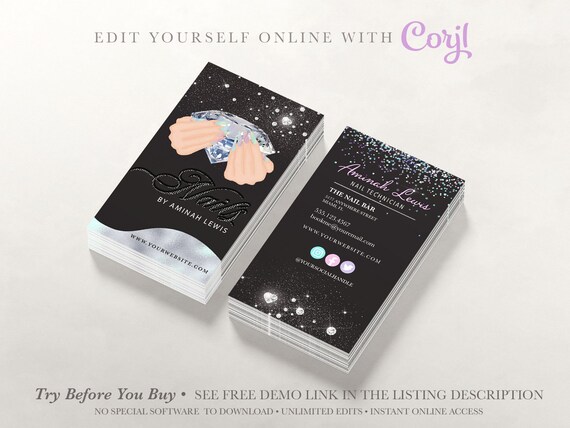 holographic glitter business cards EDITABLE Business Card, Holographic Glitter Diamond Nail Business Card,  Diamond Hands, Nail Salon, Nail Tech, Printable, Template, Corjl