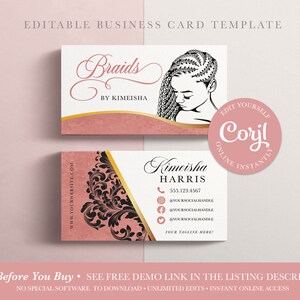 EDITIERBARE Visitenkarte, Haar Flechten Visitenkarte, Friseur, Braid Shop, Schönheit, Schönheitssalon, printable, Vorlage, Corjl