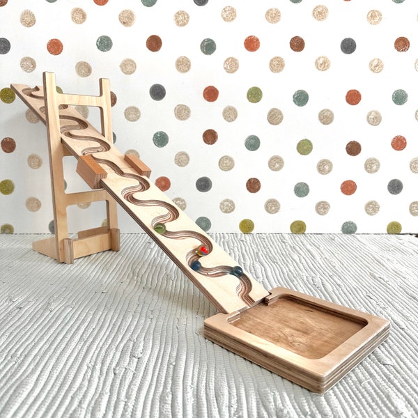 Large marble run set, snaking plates including connector, glass marble tower, collecting tray, snaking run, marble run, wooden toy