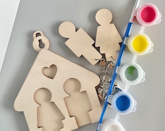 Creative set of key rack with 2 key rings incl. colors gift moving in couple untreated craft set