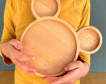 Assiette de service pour enfants Minnie Mouse Assiette de service Mickey Mouse Assiette de service Assiette à collation en bois de hêtre massif Cadeau pour les filles