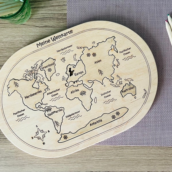 Montessori Holzpuzzle meine erste Weltkarte, Lernspiel. Holzspielzeug, Handgemacht, Geschenk für kleine Kinder, Puzzle Spiel