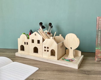 Organizador de escritorio para habitación infantil, portalápices, caja de madera