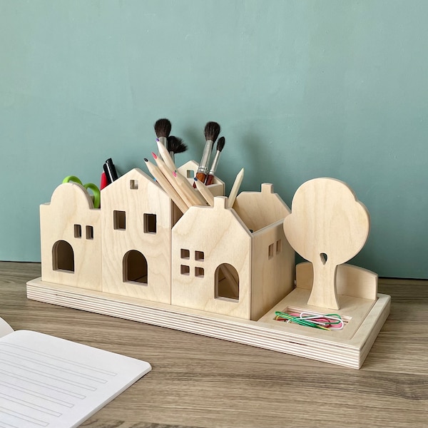 Organiseur de bureau pour chambre d'enfant, porte-stylos, boîte à stylos en bois