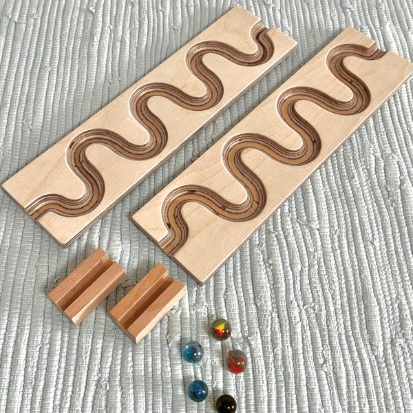 Zwei Murmelbahn Platten Set inklusive Verbinder und Glas Murmel schlängelbahn Kugelbahn Holz Holzspielzeug Kugel Labyrinth