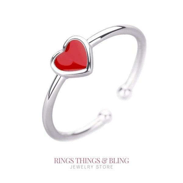 Sterling Silver Ruby Red Heart Adjustable Minimalist Ring For Her/ Best Friend Gift/ Stacking Heart Ring