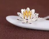 Silver Plated Short Delicate Necklace with a Splash of Gold Color in the Middle of the Lotus Flower