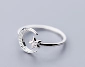 Sterling Silver Celestial Moon and Star Adjustable Ring