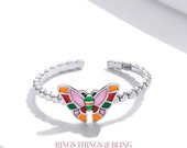 Adjustable Sterling Silver Butterfly Ring / Gift for Her / Colorful Enamel 3D