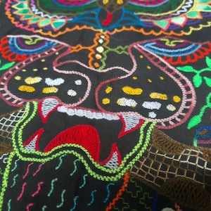 May include: Close-up of a black textile with intricate, colorful embroidery. The design features a stylized animal face with open jaws, detailed with red, white, yellow, and green thread. Floral and geometric patterns surround the central image.