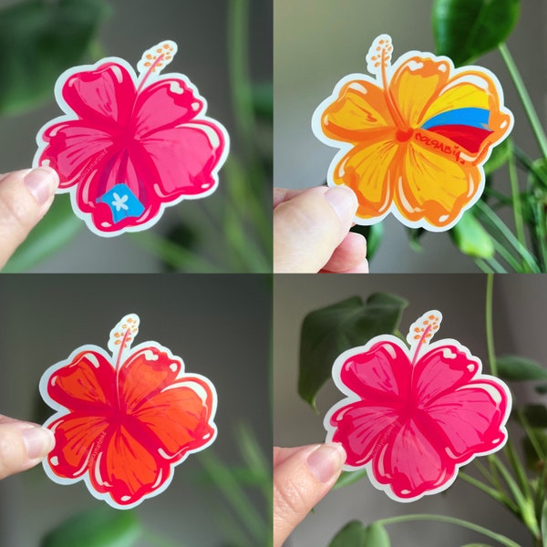 Hibiscus Sticker Flor De Maga Pink and Orange Amapola with Puerto Rico Flag Waterproof Sticker Puerto Rico Sticker Tropical Flower