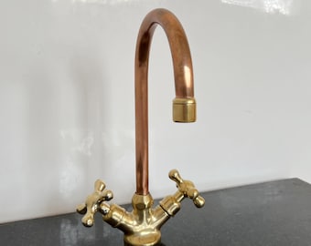 Copper and Brass Vanity Sink Faucet, Handcrafted Single-Hole Faucet with Unlacquered Finish, Bathroom Fixture, Brass and Copper Bathroom Tap