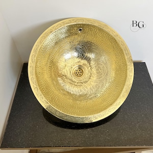 Handmade Engraved Brass Bathroom Sink with Overflow, Unlacquered Brass Vessel Sink, Moroccan & Andalusian-Inspired Vanity Basin