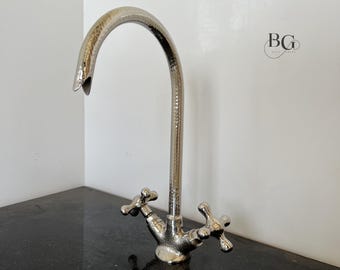 Chrome Kitchen Sink Faucet, Nickel Double-Handle Tap, Hot & Cold Water Mixer, Solid Brass Centerset Faucet, Retro Farmhouse Sink Fixture
