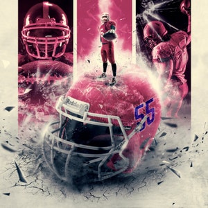 May include: A pink and black football helmet with a white face mask and the word "Riddell" printed on the side. The helmet is surrounded by a pink and white background with a shattered glass effect. The number "55" is printed on the side of the helmet.