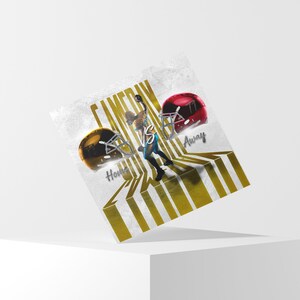 May include: A graphic design featuring a football player in action with the words "CAMERON VS" and "Home" and "Away" on either side of the player. The design is set against a background of gold and white stripes.