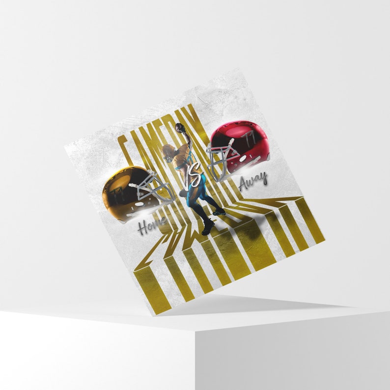 May include: A graphic design featuring a football player in action with the words "CAMERON VS" and "Home" and "Away" on either side of the player. The design is set against a background of gold and white stripes.