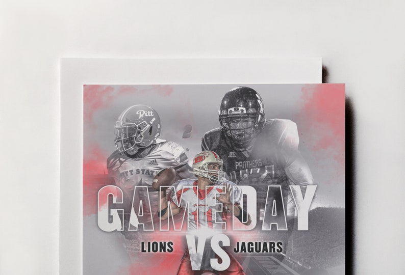 Puede incluir: Un dise&ntilde;o gr&aacute;fico para un partido de f&uacute;tbol americano entre los Lions y los Jaguars. La imagen presenta a tres jugadores de f&uacute;tbol americano en acci&oacute;n, con el texto "GAMEDAY" y los nombres de los equipos en letras grandes y en negrita.