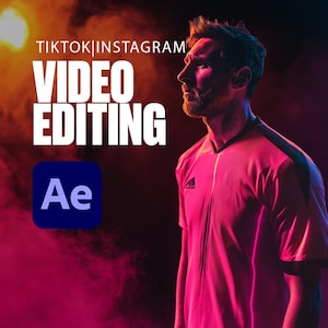 Puede incluir: Imagen promocional para la edición de vídeo en TikTok e Instagram. La imagen presenta a un hombre con una camisa rosa, con el texto "VIDEO EDITING" y el logotipo de Adobe After Effects. El fondo es una mezcla de rosa, naranja y negro.
