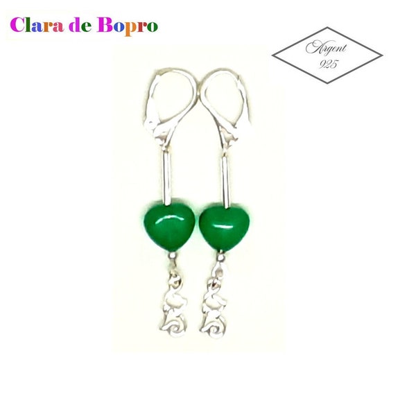 Boucles d'oreilles chat argent 925 et pierres fines coeurs Aventurine