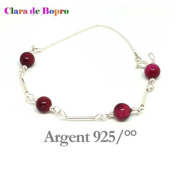 Bracelet élégant perles Oeil de chat fuchsia et apprêts Argent 925