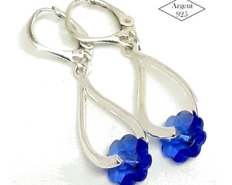 Boucles d'oreilles pendantes en argent 925 et cristaux bleu sapphire