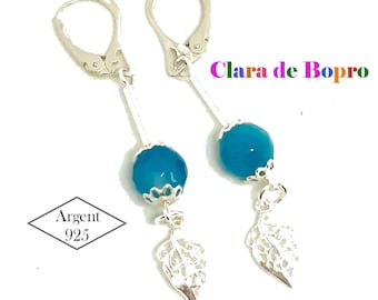 Agate bleue et argent sterling boucles d'oreilles pendantes