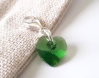 Heart charm in crystal and solid silver, green heart pendant and silver 925, charm heart, primers for costume jewelry