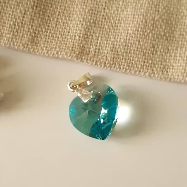 Pendentif coeur Light Turquoise et argent 925, charm cœur, breloque cœur cristal, apprêts pour collier en argent