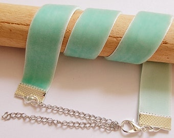 Pastel Mint Velvet Ribbon Choker Necklace, Light Aqua, 16mm, 5/8", silver chain, 16in length