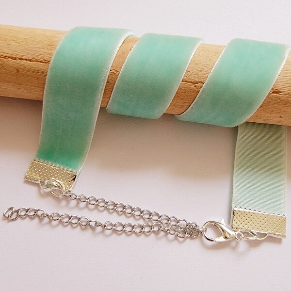 Pastel Mint Velvet Ribbon Choker Necklace, Light Aqua, 16mm, 5/8", silver chain, 16in length