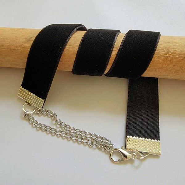 Black Velvet Ribbon Choker Necklace, 16mm, 5/8", silver chain, 16in length