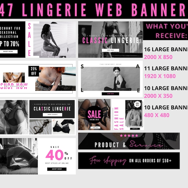 Lingerie Web Banner Bundle Templates, Laces Clothing, Shopify Web Banner, Lingerie Boutique Online Store Design, Website Banner Header, Wix