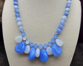Aquamarine Beaded Choker Necklace – Blue Gemstone Statement Necklace with Glass Drops 16 inch