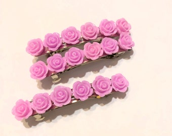 Purple rose barrettes- 3pack - stainless steel- two inch