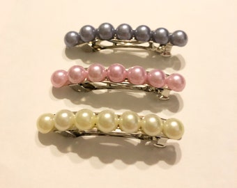 French barrette 2 inch - set of three - pastel pearls violet grey, pink, and yellow