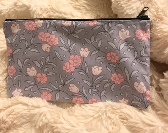 Pink Grey floral zip pouch- organizer- pencil holder- makeup bag