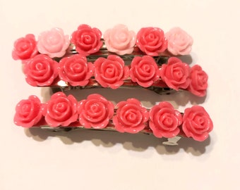 Dark pink rose barrettes- 3pack - stainless steel- two inch