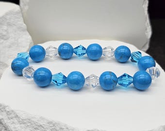 Bracciale elastico in vetro blu intenso da 7 pollici – Perline di vetro pressate con dettagli in cristallo