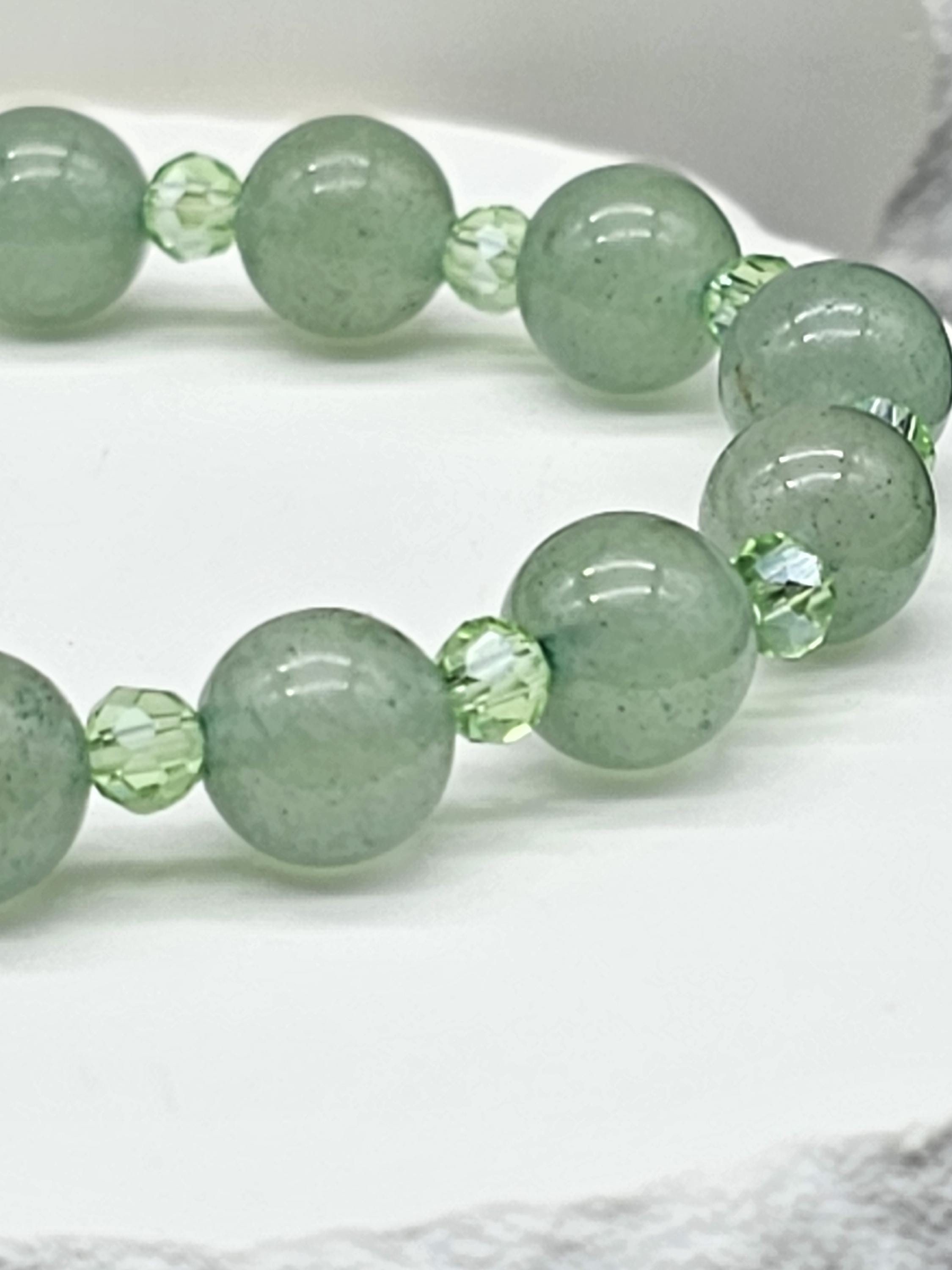 Green Aventurine Crystal and Sage Green Beaded Stretch Bracelet 7 inch