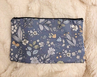 Blue flower zip pouch- pencil holder- makeup bag